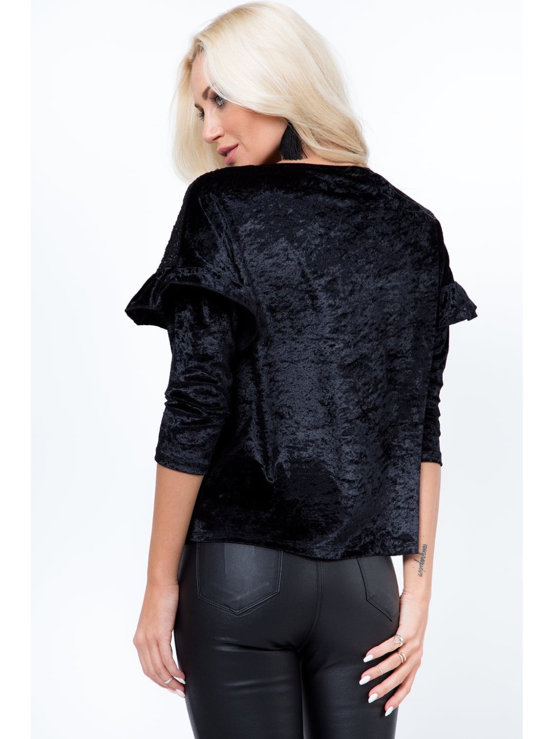 Bluse mit Spitze aus Pannesvelours, schwarz MP28514 – Online-Shop – Boutique